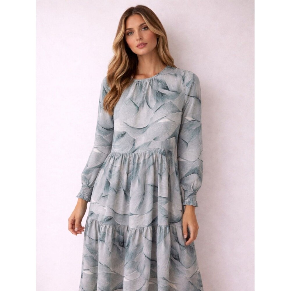 Sage Green Tiered Midi Dress Long Sleeve Flowy Boho Chic M